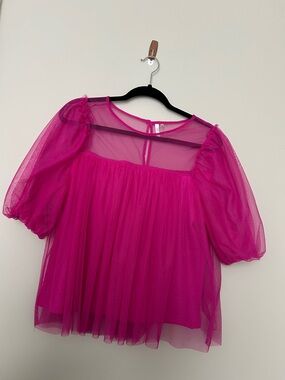 Kaktus Bright Fuchsia Puff-Sleeve Mesh Blouse